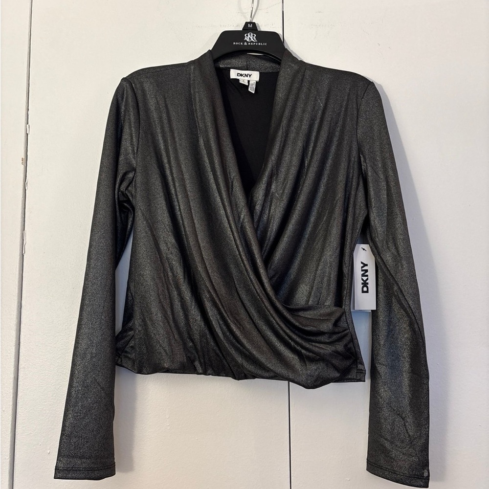 Silver DKNY Long Sleeve Metallic Wrap Crop Top size M NEW